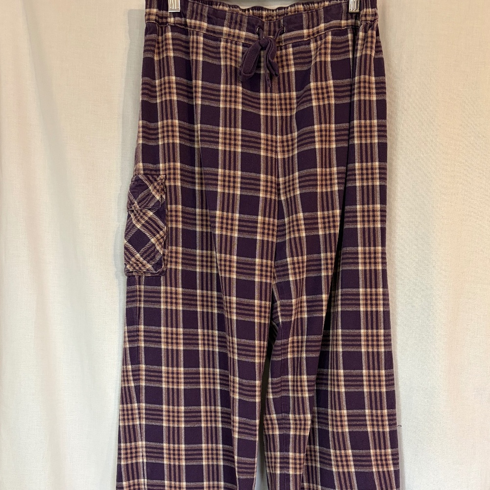 Duluth Trading Co Lounge Pants Sleep Cargo Plaid Purple Tan Womens Size Small
